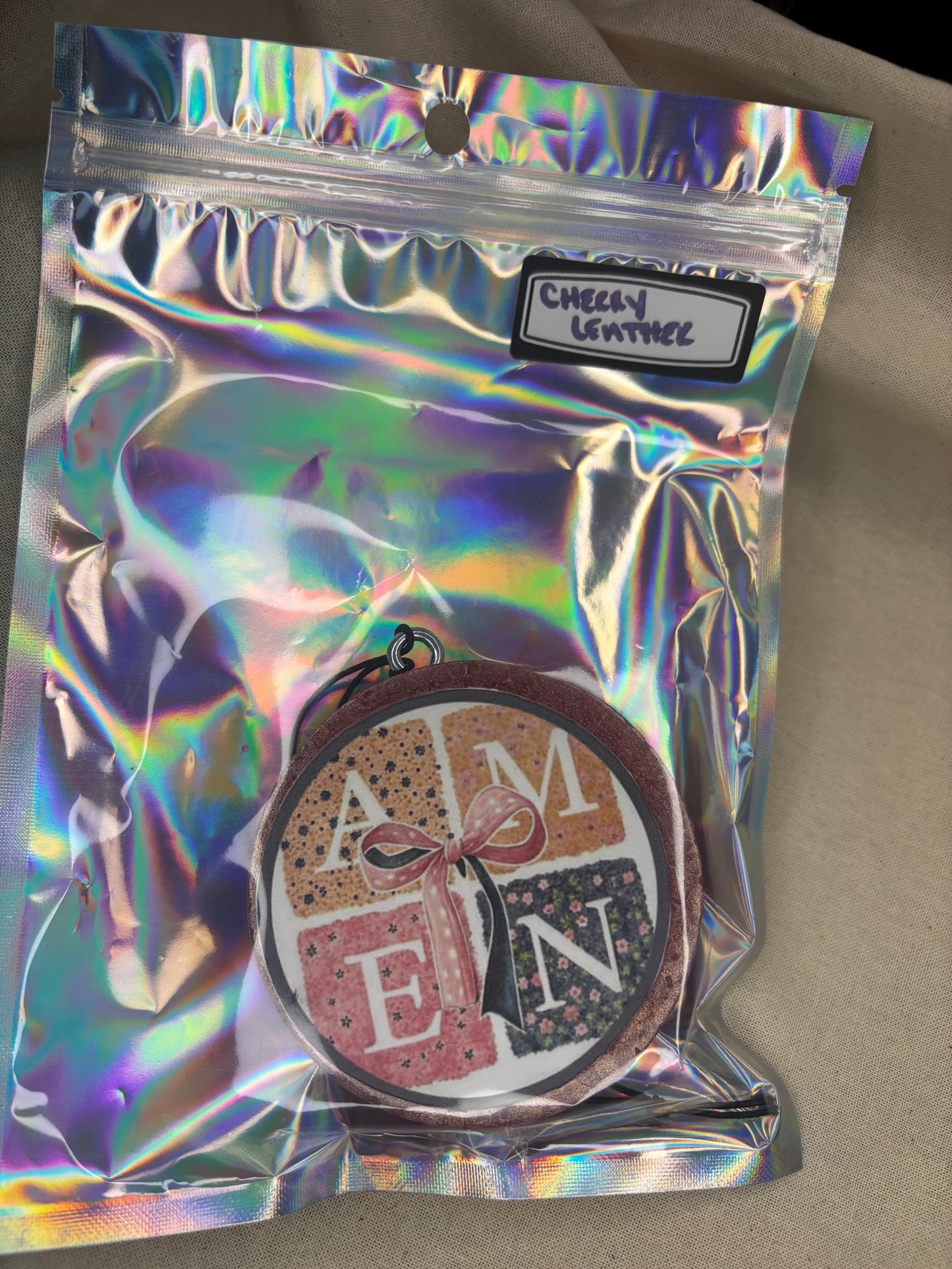 Amen Car Freshie-Cherry Leather