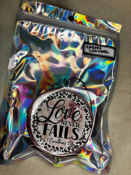 Love Never Fails Car Freshie-Cherry Leather