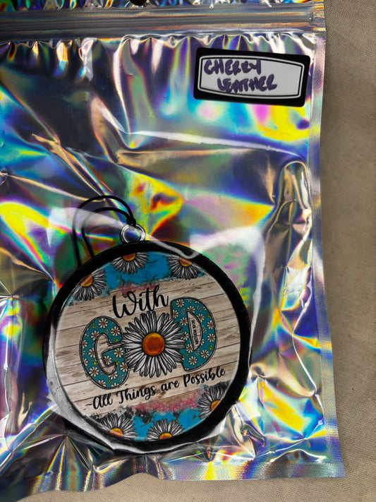 With God Car Freshie-Cherry Leather